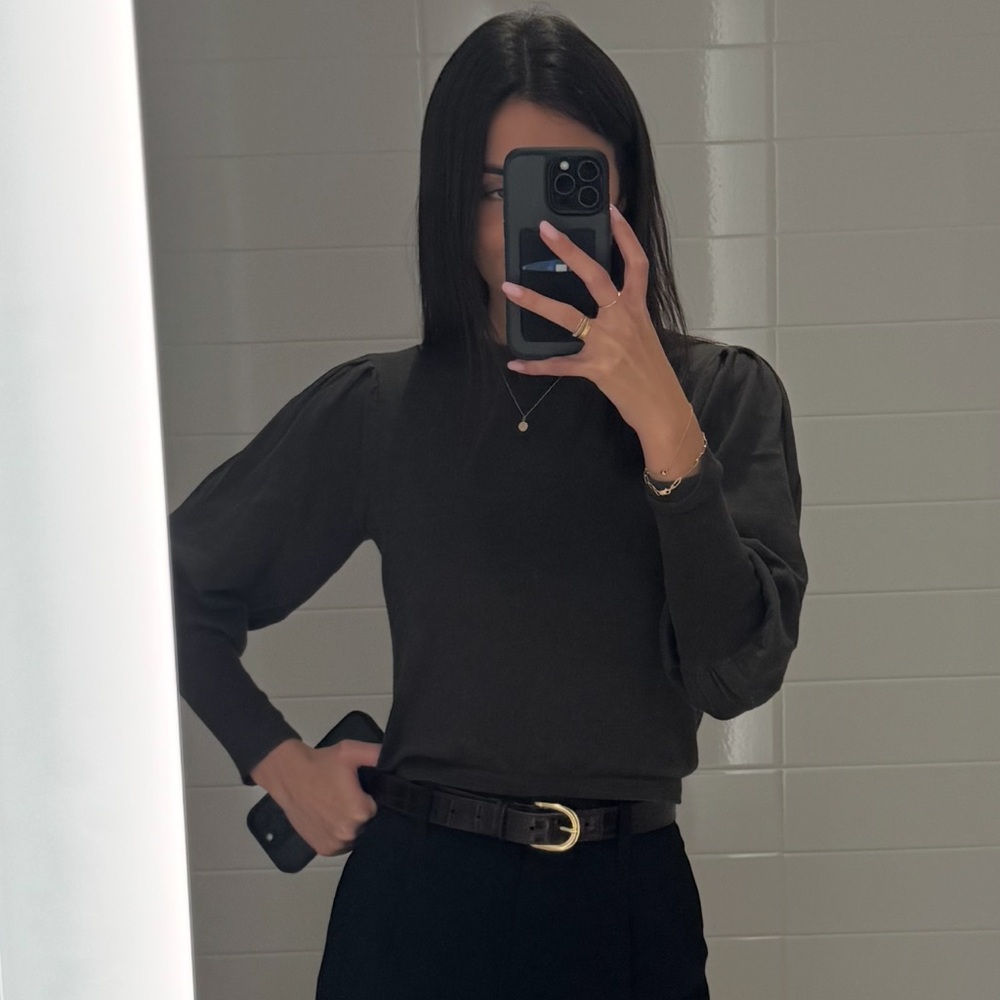 Classic Black Puff-Sleeve Long-Sleeve Crewneck Sweater